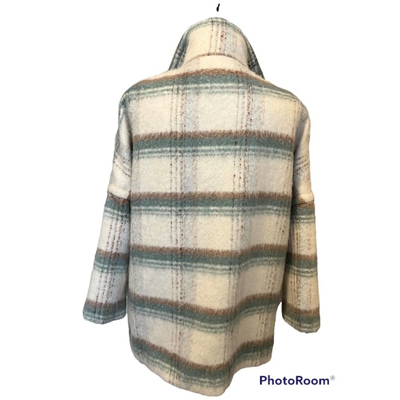 New ANTHROPOLOGIE Elsa •XS P Petite•Cream Blue Plaid Fuzzy Oversized Coat Jacket - Picture 5 of 11
